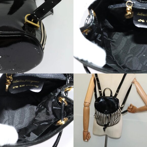 Salvatore Ferragamo Backpack Patent Canvas Black Gold Auth BA3113 main image 7